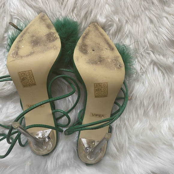 Green Feathered Heel Sandals - Picture 2 of 5